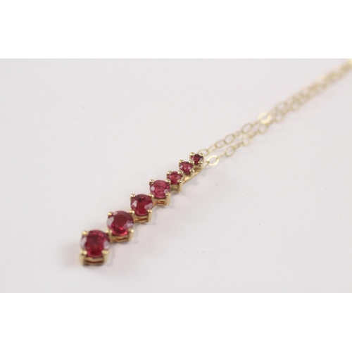 129 - 9ct Gold Ruby Five Stone Bar Pendant Necklace (1g)