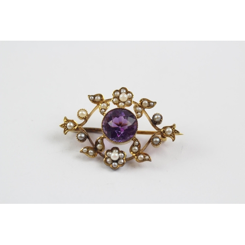 131 - 15ct Gold Antique Amethyst & Seed Pearl Openwork Brooch (4.1g)