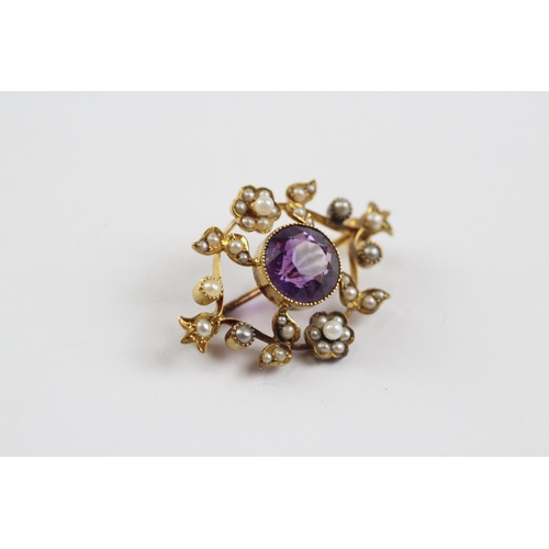 131 - 15ct Gold Antique Amethyst & Seed Pearl Openwork Brooch (4.1g)