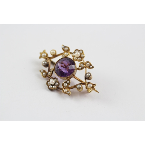 131 - 15ct Gold Antique Amethyst & Seed Pearl Openwork Brooch (4.1g)