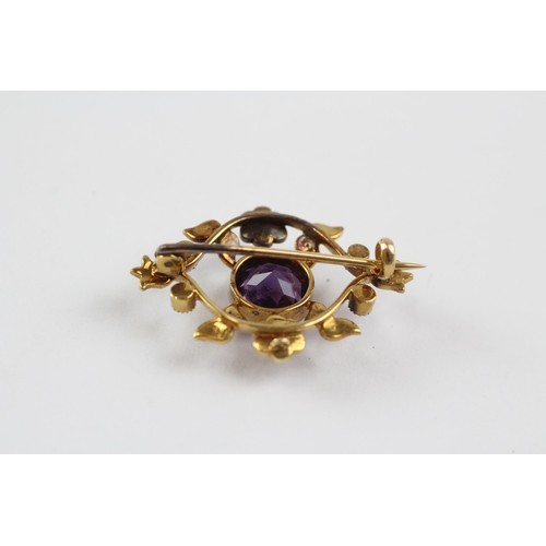 131 - 15ct Gold Antique Amethyst & Seed Pearl Openwork Brooch (4.1g)