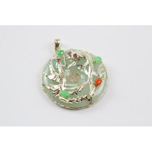 19 - 14ct Gold Jade, Ruby & Orange Gemstone Oriental Pendant With Dragon & Phoenix Motif (10.2g)