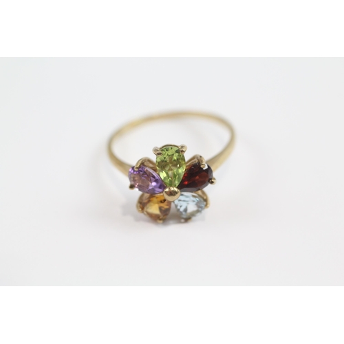 226 - 9ct Gold Multi-Gemstone Floral Ring Set With Amethyst, Peridot, Garnet, Citrine & Topaz (2.3g) Size ... 