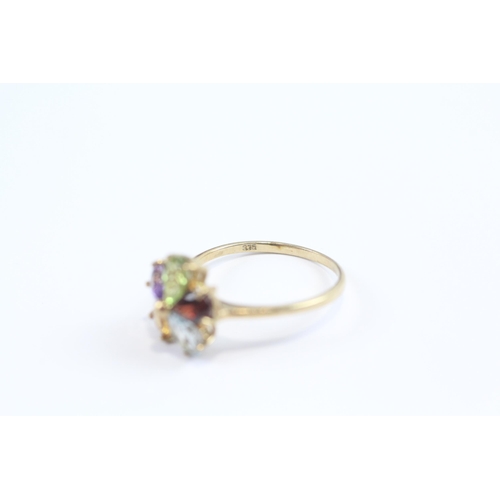 226 - 9ct Gold Multi-Gemstone Floral Ring Set With Amethyst, Peridot, Garnet, Citrine & Topaz (2.3g) Size ... 