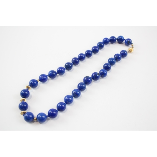 227 - 9ct Gold Vintage Ridged Bead And Lapis Lasuli Necklace (45.9g)