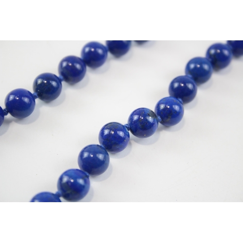 227 - 9ct Gold Vintage Ridged Bead And Lapis Lasuli Necklace (45.9g)