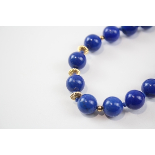 227 - 9ct Gold Vintage Ridged Bead And Lapis Lasuli Necklace (45.9g)