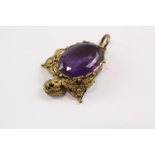 229 - 12ct Gold Antique Amethyst Set Cannetille Wirework Pendant - As Seen (7g)