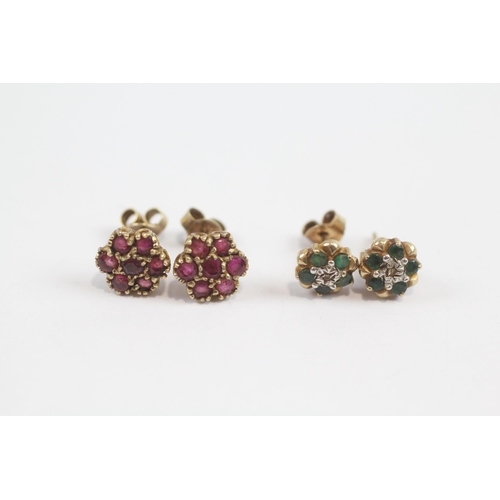 239 - 2 X 9ct Gold Vintage Ruby, Emerald, And Diamond Set Cluster Stud Earrings (2.7g)