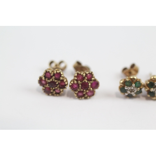 239 - 2 X 9ct Gold Vintage Ruby, Emerald, And Diamond Set Cluster Stud Earrings (2.7g)