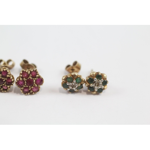 239 - 2 X 9ct Gold Vintage Ruby, Emerald, And Diamond Set Cluster Stud Earrings (2.7g)