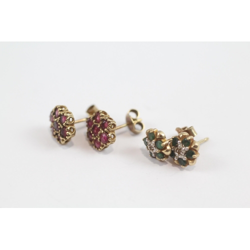 239 - 2 X 9ct Gold Vintage Ruby, Emerald, And Diamond Set Cluster Stud Earrings (2.7g)