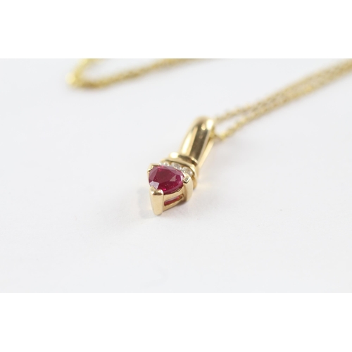 249 - 14ct Gold Diamond & Synthetic Ruby Heart Pendant Necklace (2.3G)