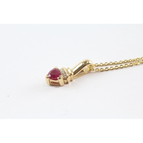 249 - 14ct Gold Diamond & Synthetic Ruby Heart Pendant Necklace (2.3G)