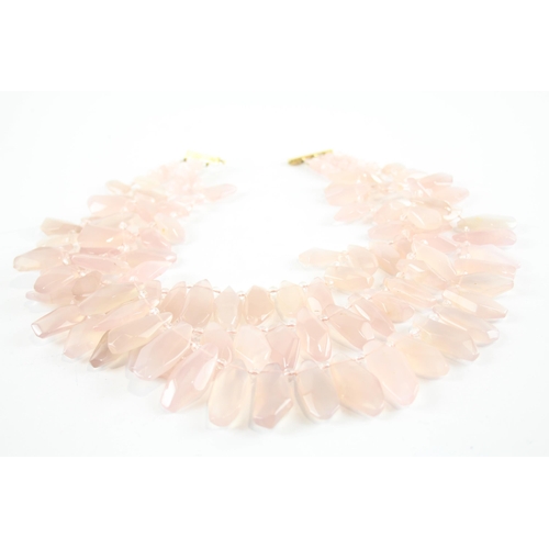 256 - 18ct Gold Clasp Rose Quartz Three Strand Statement Necklace (342g)