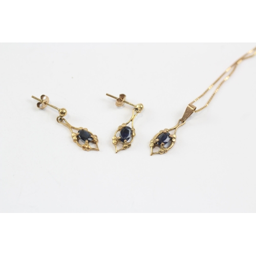 267 - 9ct Gold Sapphire Pendant Necklace & Drop Earrings Set (2.2g)