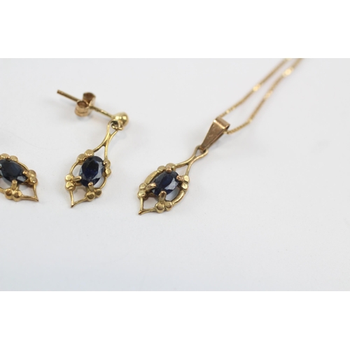 267 - 9ct Gold Sapphire Pendant Necklace & Drop Earrings Set (2.2g)