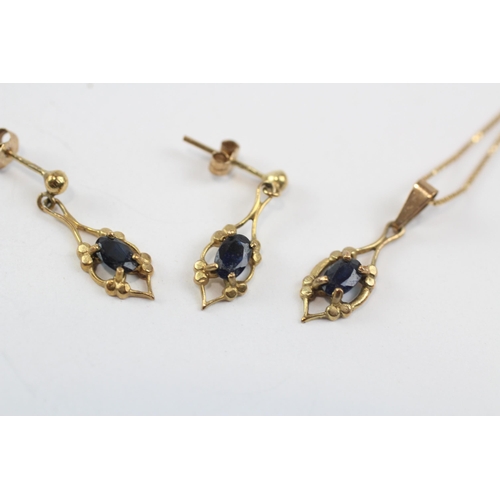 267 - 9ct Gold Sapphire Pendant Necklace & Drop Earrings Set (2.2g)