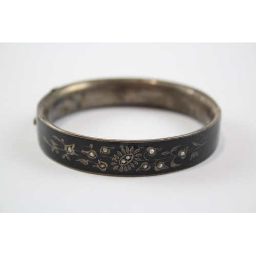 305 - Silver Victorian Mourning Bangle With Enamel And Seed Pearls (20g)