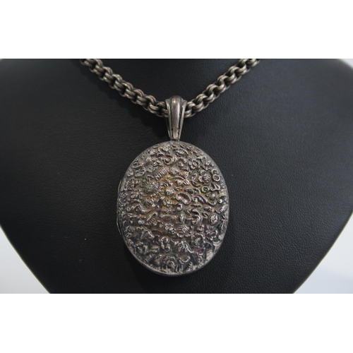 307 - Silver Antique Locket Necklace With Repousse Work (36g)