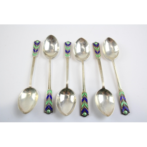 414 - 6 x Vintage Hallmarked 1937 Birmingham Sterling Silver Enamel Teaspoons (57g)