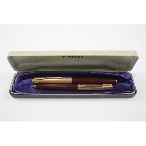 481 - Vintage Parker 65 Burgundy Fountain Pen w/ 14ct Gold Nib, Pencil, Original Box