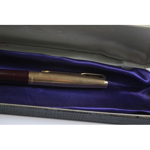 481 - Vintage Parker 65 Burgundy Fountain Pen w/ 14ct Gold Nib, Pencil, Original Box