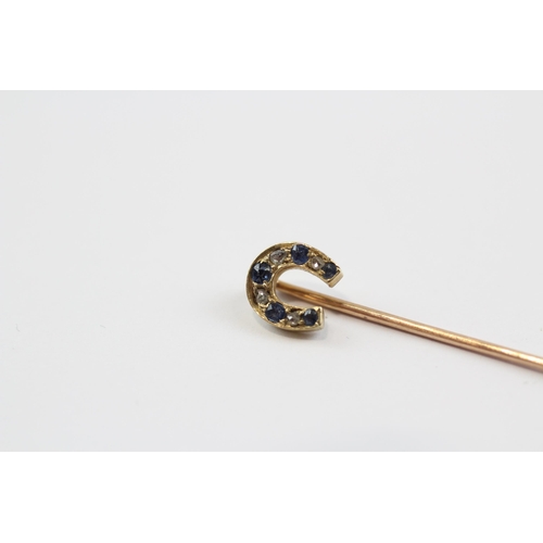 53 - 15ct Gold Top & 9ct Pin Sapphire & Diamond Set Horse Shoe Pin (0.9g)