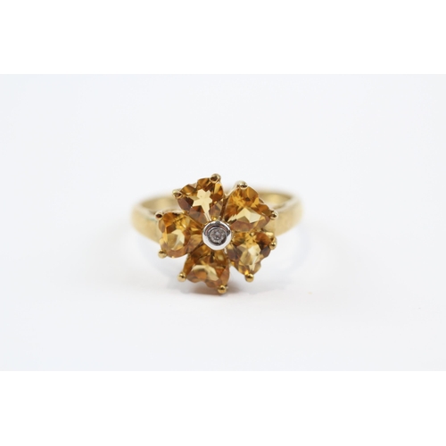 62 - 9ct Gold Diamond & Citrine Heart Floral Cluster Ring (2.2g) Size  O