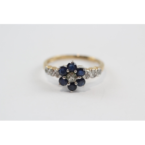 71 - 9ct Gold Diamond & Sapphire Floral Cluster Ring (2.1g) Size  P