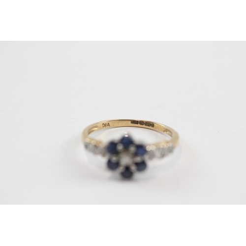 71 - 9ct Gold Diamond & Sapphire Floral Cluster Ring (2.1g) Size  P