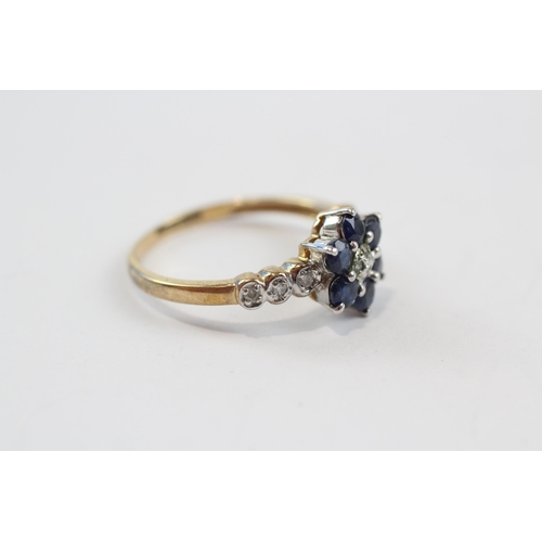 71 - 9ct Gold Diamond & Sapphire Floral Cluster Ring (2.1g) Size  P