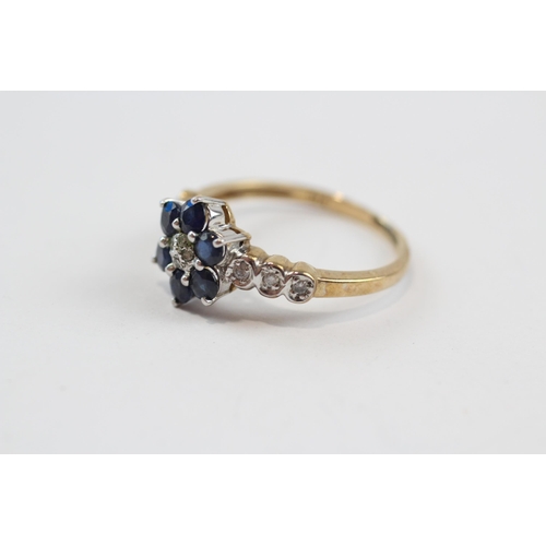 71 - 9ct Gold Diamond & Sapphire Floral Cluster Ring (2.1g) Size  P