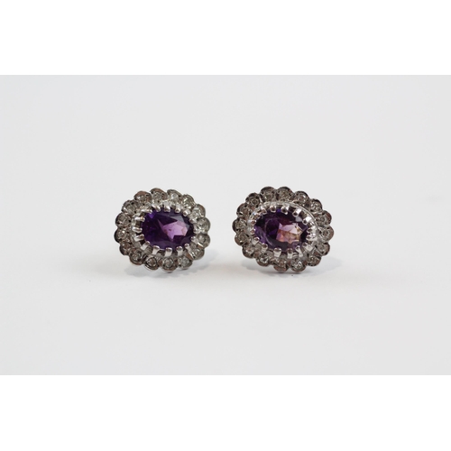 82 - 9ct White Gold Diamond & Amethyst Cluster Stud Earrings (2.4g)