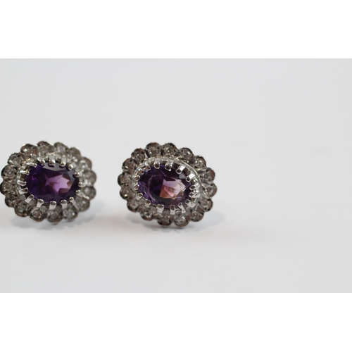 82 - 9ct White Gold Diamond & Amethyst Cluster Stud Earrings (2.4g)