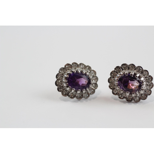 82 - 9ct White Gold Diamond & Amethyst Cluster Stud Earrings (2.4g)