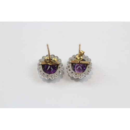 82 - 9ct White Gold Diamond & Amethyst Cluster Stud Earrings (2.4g)