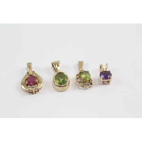 93 - 4 X 9ct Gold Gemstone Set Pendants Inc. Peridot, Amethyst, Ruby & Diamond (2.8g)