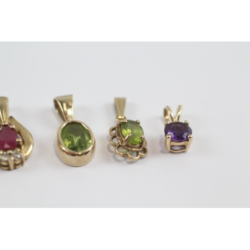 93 - 4 X 9ct Gold Gemstone Set Pendants Inc. Peridot, Amethyst, Ruby & Diamond (2.8g)