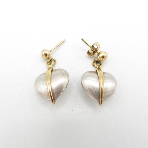 72 - 9ct White & Yellow Gold Heart Drop Earrings (2.4g)