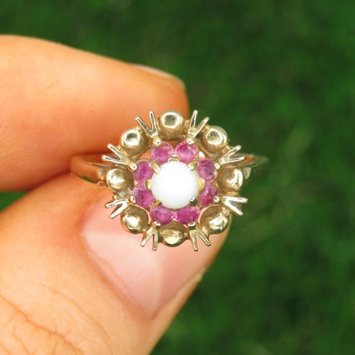 244 - 9ct Gold White Opal & Ruby Halo Ring (2.5g) Size  J