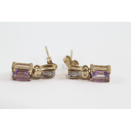 103 - 9ct Gold Diamond And Amethyst Set Drop Earrings (2.4g)