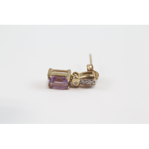 103 - 9ct Gold Diamond And Amethyst Set Drop Earrings (2.4g)