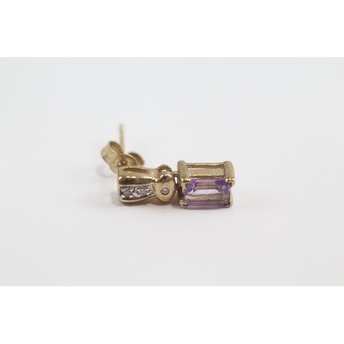 103 - 9ct Gold Diamond And Amethyst Set Drop Earrings (2.4g)