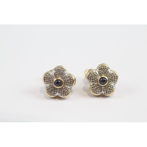 104 - 9ct Gold Diamond And Cabochon Sapphire Set Flower Stud Earrings (3.3g)