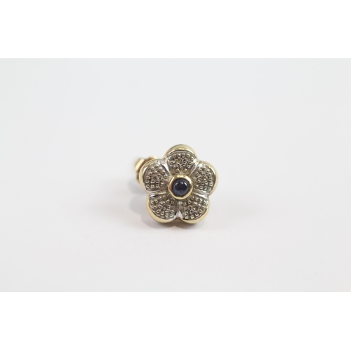 104 - 9ct Gold Diamond And Cabochon Sapphire Set Flower Stud Earrings (3.3g)