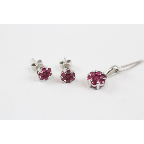 128 - 9ct White Gold Synthetic Ruby Cluster Pendant Necklace, And Earring Set (3.4g)