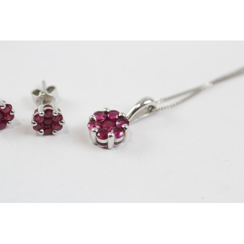 128 - 9ct White Gold Synthetic Ruby Cluster Pendant Necklace, And Earring Set (3.4g)
