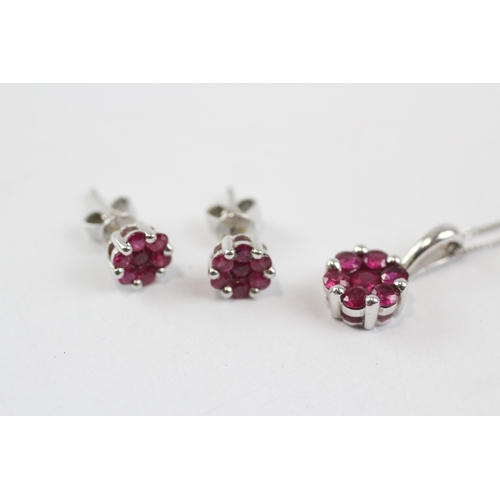 128 - 9ct White Gold Synthetic Ruby Cluster Pendant Necklace, And Earring Set (3.4g)