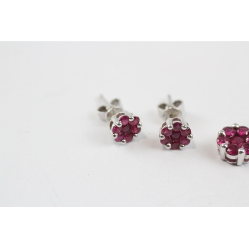 128 - 9ct White Gold Synthetic Ruby Cluster Pendant Necklace, And Earring Set (3.4g)